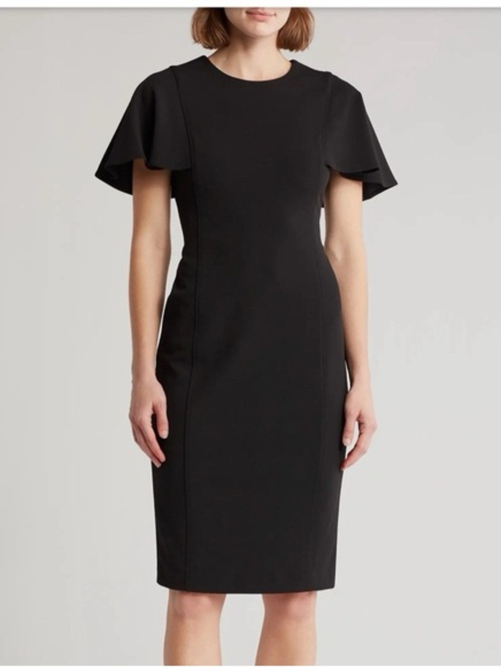 Calvin Klein Black Midi Sheath Dress with Flutter Sleeves